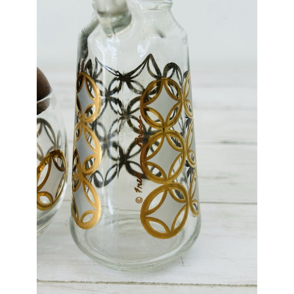 Fred Press MCM Creamer & Sugar Condiments Cruet Silver Gold Circles Signed - Picture 12 of 13